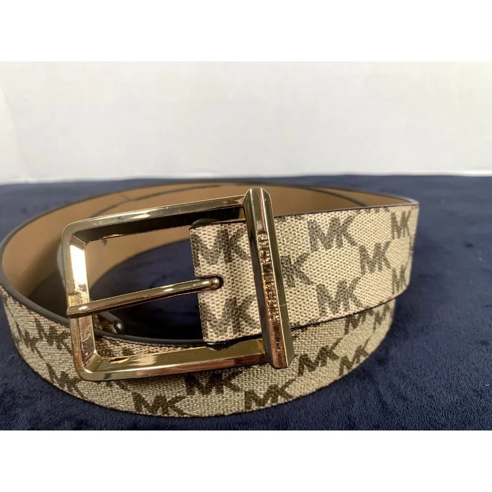 Michael Kors Signature Belt Medium Ivory Brown Logo Gold Buckle New with‎ tags